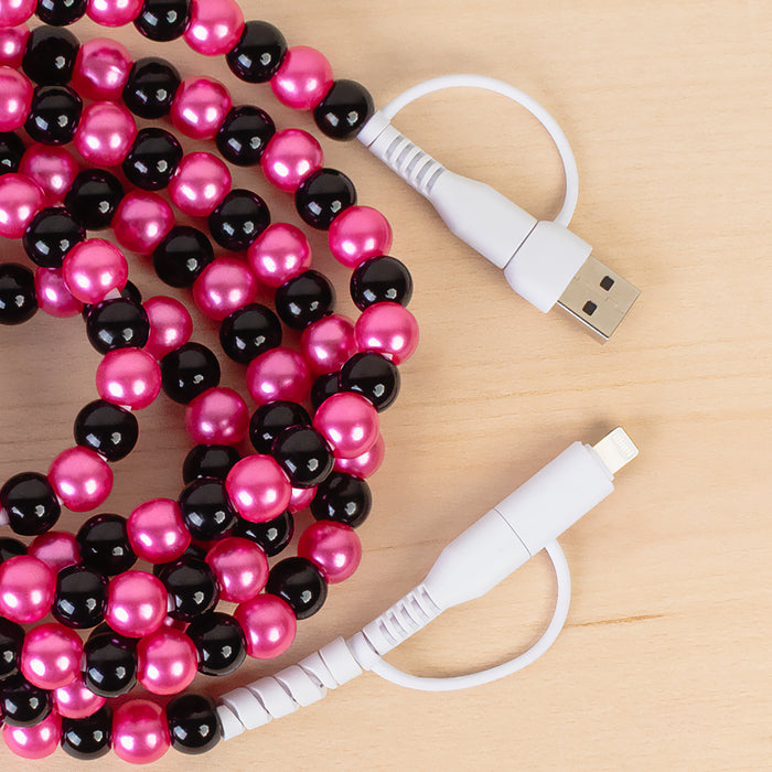 CC73 - 4-in-1 Extra Long Beaded Charging Cable - Fuchsia & Black
