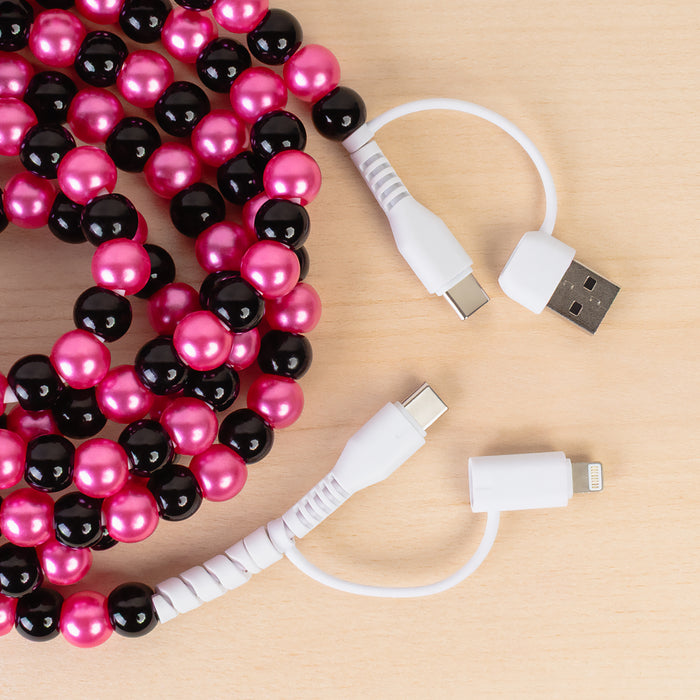 CC73 - 4-in-1 Extra Long Beaded Charging Cable - Fuchsia & Black