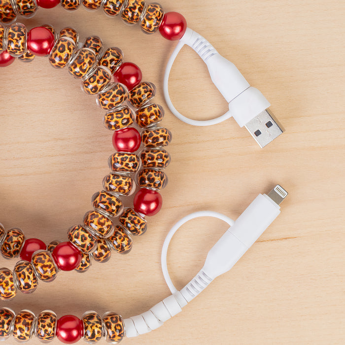 CC81 - 4-in-1 Beaded Charging Cable - Red & Leopard