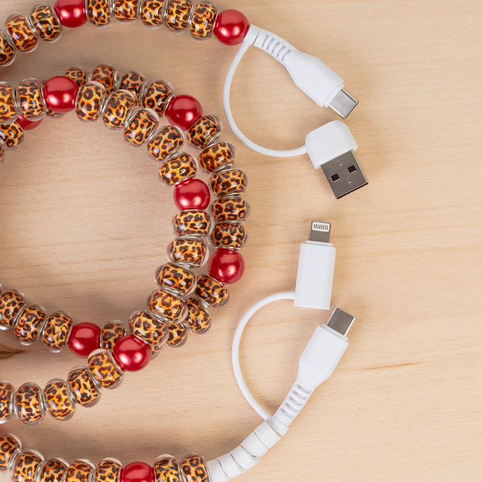 CC81 - 4-in-1 Beaded Charging Cable - Red & Leopard