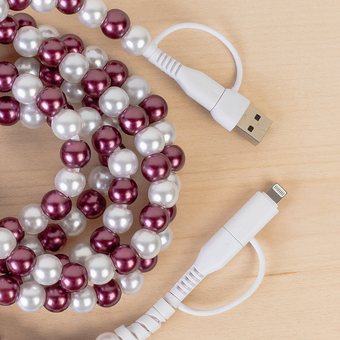 CC82 - 4-in-1 Extra Long Beaded Charging Cable - Purple & Pearl