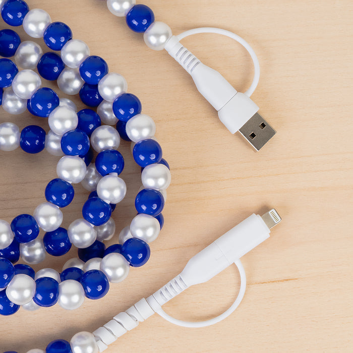 CC83 - 4-in-1 Extra Long Beaded Charging Cable - Royal Blue & Pearl
