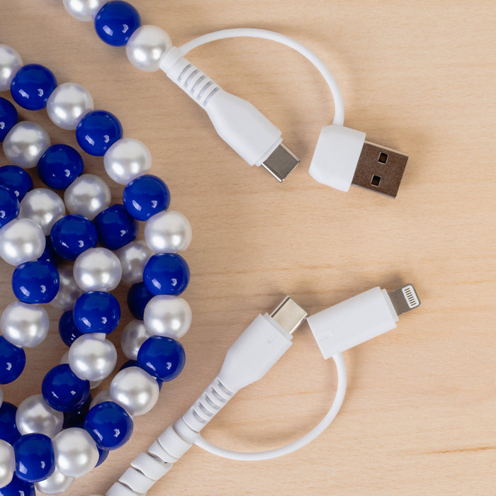 CC83 - 4-in-1 Extra Long Beaded Charging Cable - Royal Blue & Pearl