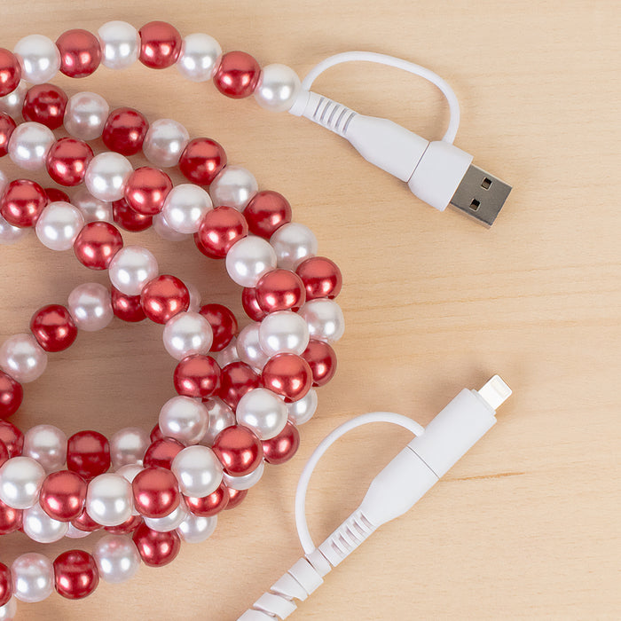 CC86 - 4-in-1 Extra Long Beaded Charging Cable - Red & Pearl