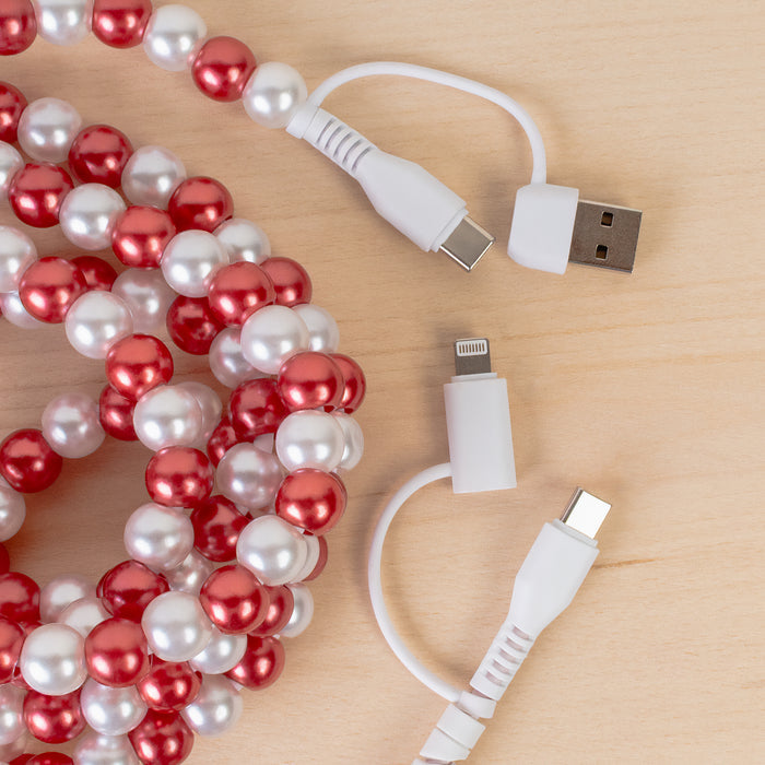 CC86 - 4-in-1 Extra Long Beaded Charging Cable - Red & Pearl