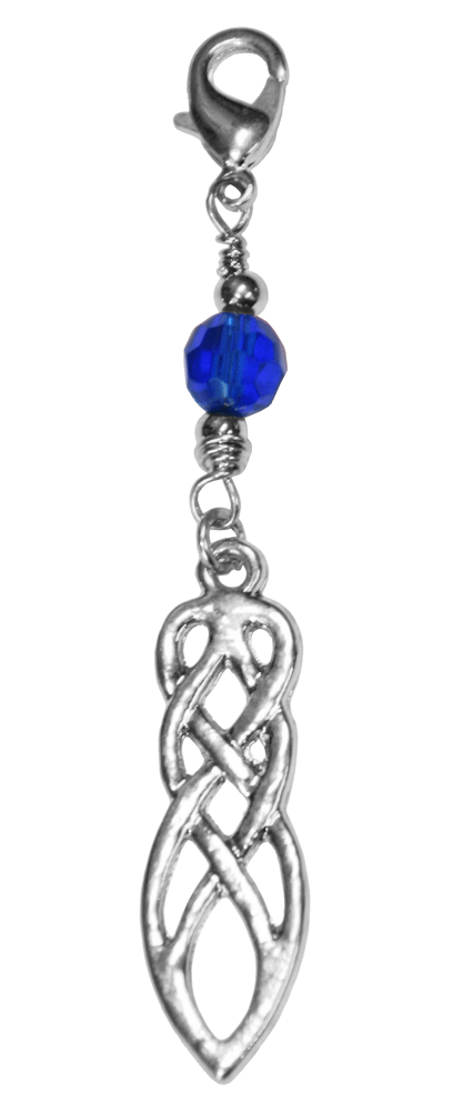 silver celtic knot charm with blue faceted bead and lobster clasp