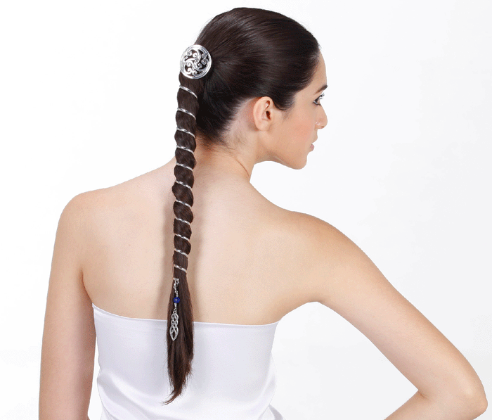 Model wearing Celtic Power Hair Charm – Large Silver Ponytail Accessory