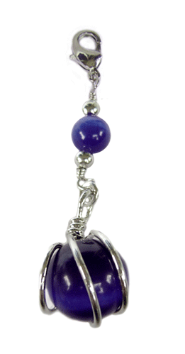 silver charm with blue round bead and metal wire setting