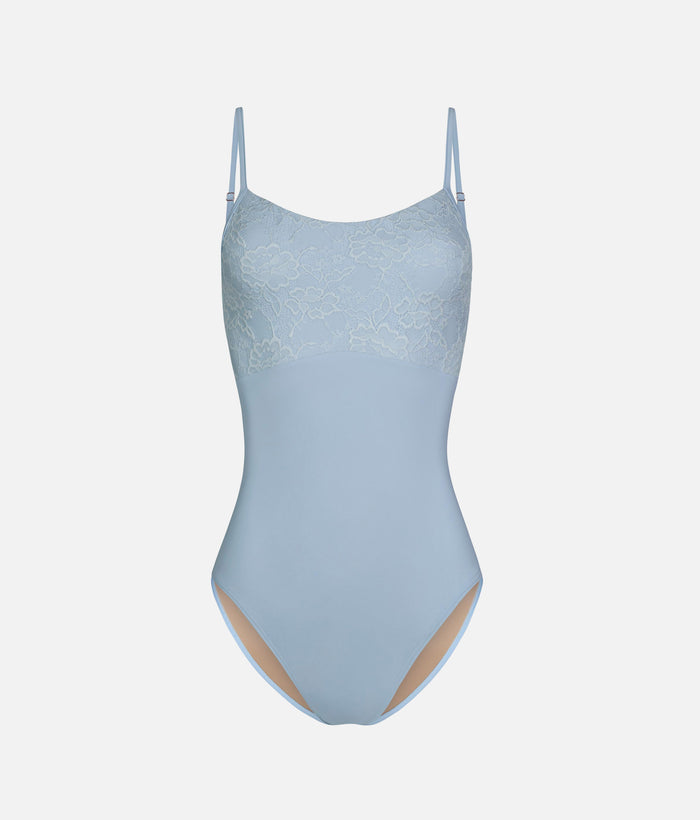 CHLOE LIGHT BLUE Ballet Leotard, Elegant Lace Camisole Design