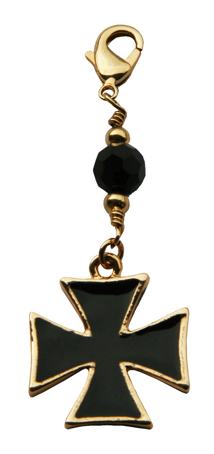 gold cross charm with black faceted bead and lobster clasp