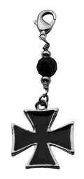 silver cross charm with black faceted bead and lobster clasp
