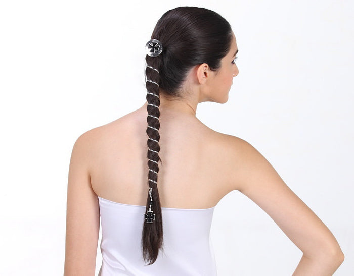 Model wearing Chopper Hair Charm – Large Silver Ponytail Accessory