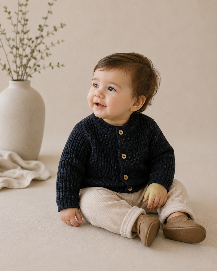 Baby Wearing Speckled Navy Classic Chunky Knit Button Baby Sweater Cardigan, Organic Cotton by Viverano