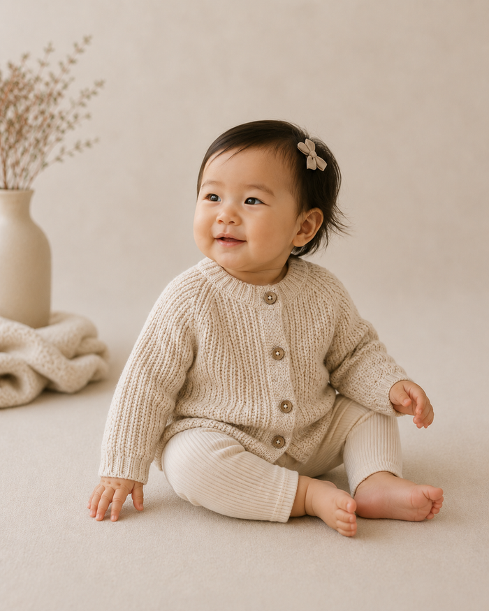 Baby Wearing Speckled Linen Classic Chunky Knit Button Baby Sweater Cardigan, Organic Cotton by Viverano