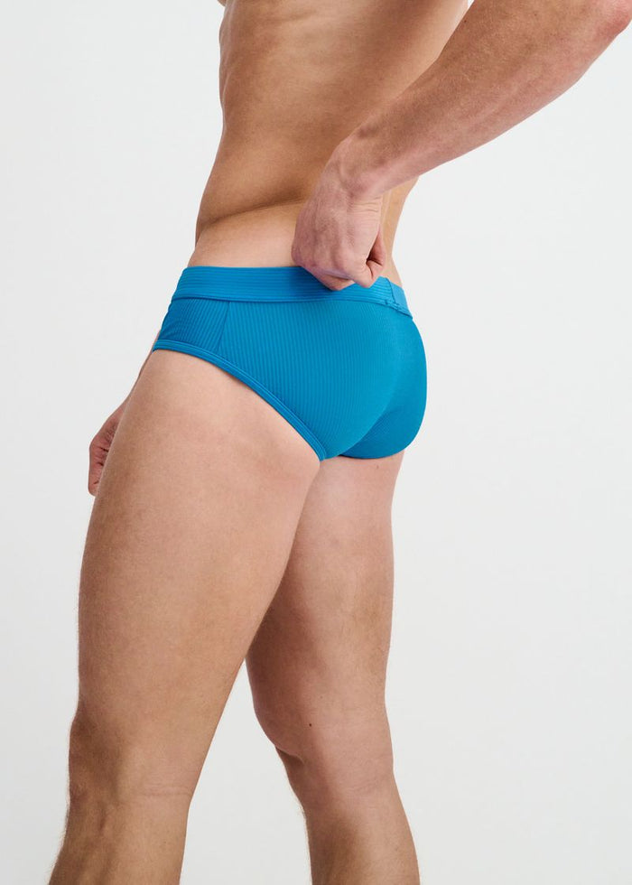Cobalt Pinstripe Seersucker Swim Brief W/Buckle St-8028