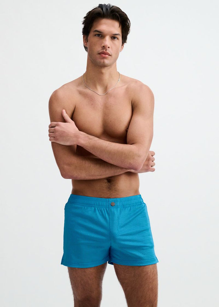 Cobalt Pinstripe Seersucker Swim Shorts W/Mesh Brief Lining St-8029