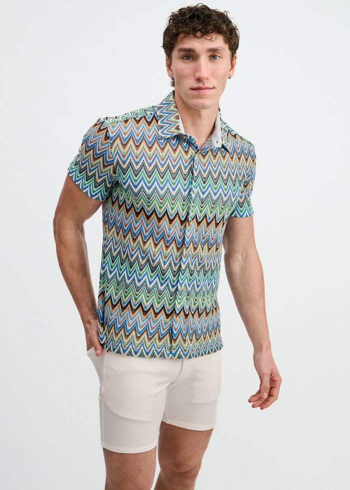 Cobalt/Sky Open Knit Stretch Chevron Short Sleeve Shirt St-24079