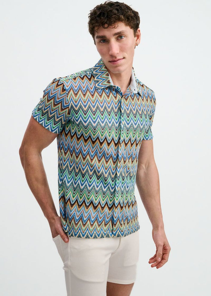 Cobalt/Sky Open Knit Stretch Chevron Short Sleeve Shirt St-24079