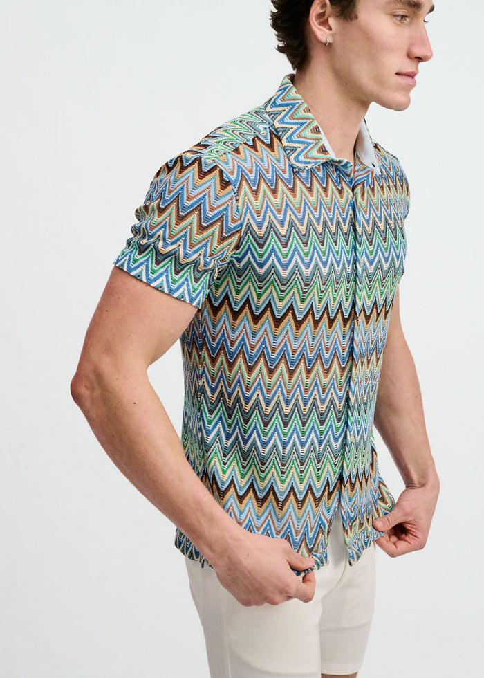 Cobalt/Sky Open Knit Stretch Chevron Short Sleeve Shirt St-24079