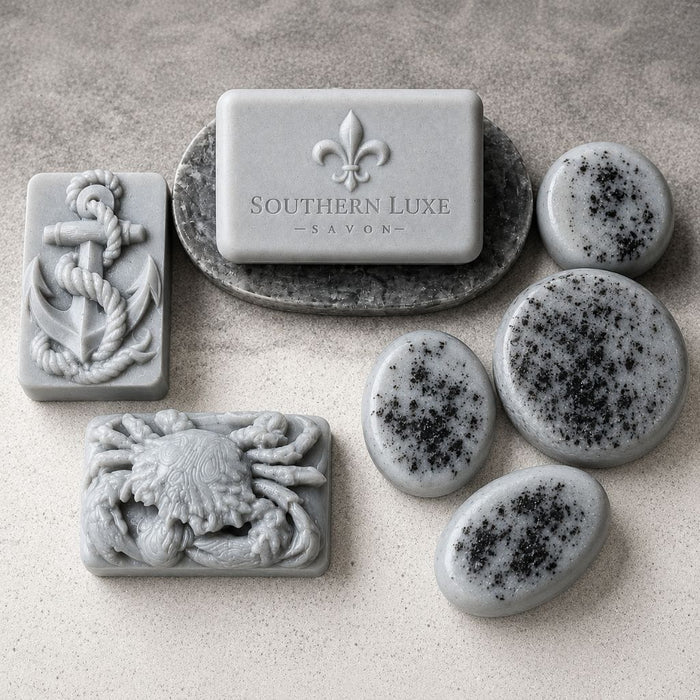 Cold Stone Creek luxury bath bar with stone, crab, and anchor guest soaps handcrafted with botanicals by Southern Luxe Savon