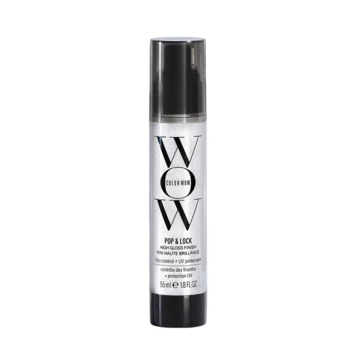 Color Wow Pop and Lock High Gloss Finish Serum for hair styling, showing a sleek 12ml bottle with shiny finish