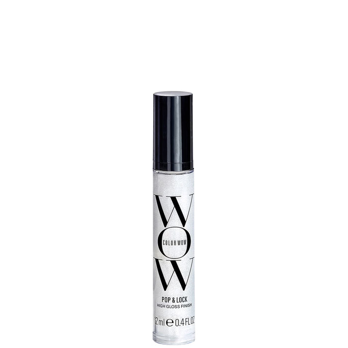 Color Wow Pop and Lock high gloss finish serum for shiny, sleek hair, shown in a clear bottle with dropper applicator.