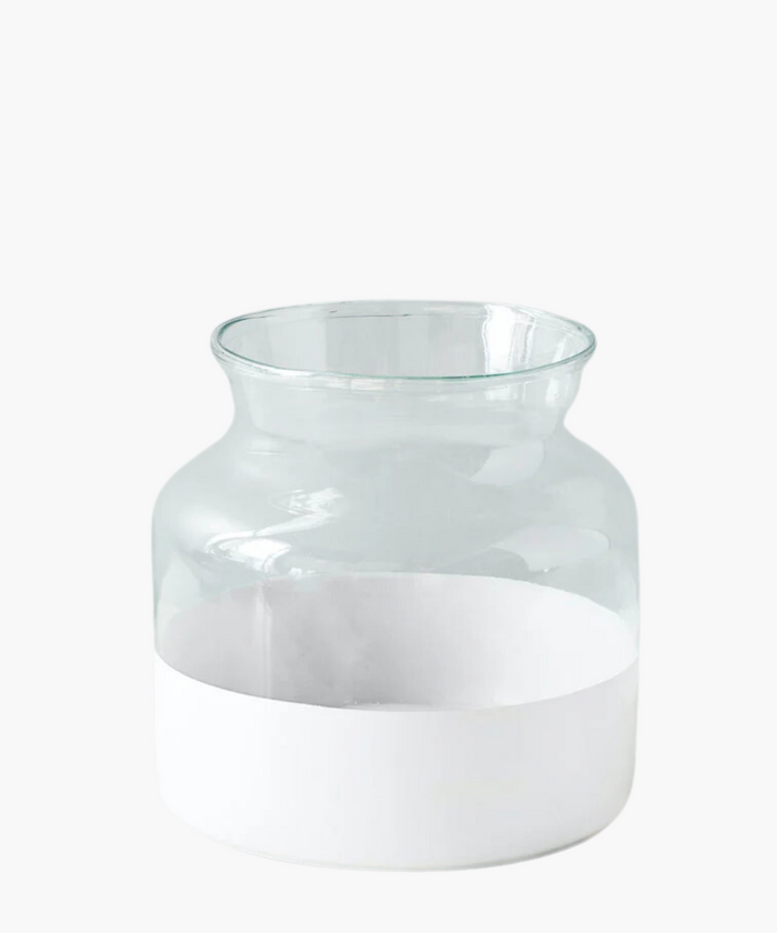 Clear glass vase with a wide mouth and rounded body. The upper part is transparent, while the lower half is painted in a glossy white. Minimalist and modern. | Wildwood Home Co.