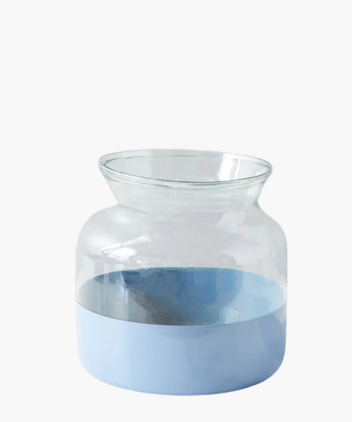 Clear glass vase with a wide mouth and rounded body. The upper part is transparent, while the lower half is painted in a glossy french blue. Minimalist and modern. | Wildwood Home Co.