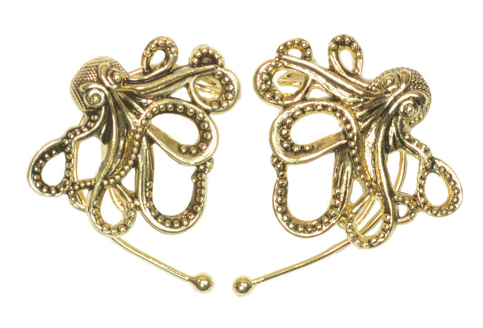 Gold octopus elf ear cuffs pair lightweight no-piercing fantasy jewelry on white background