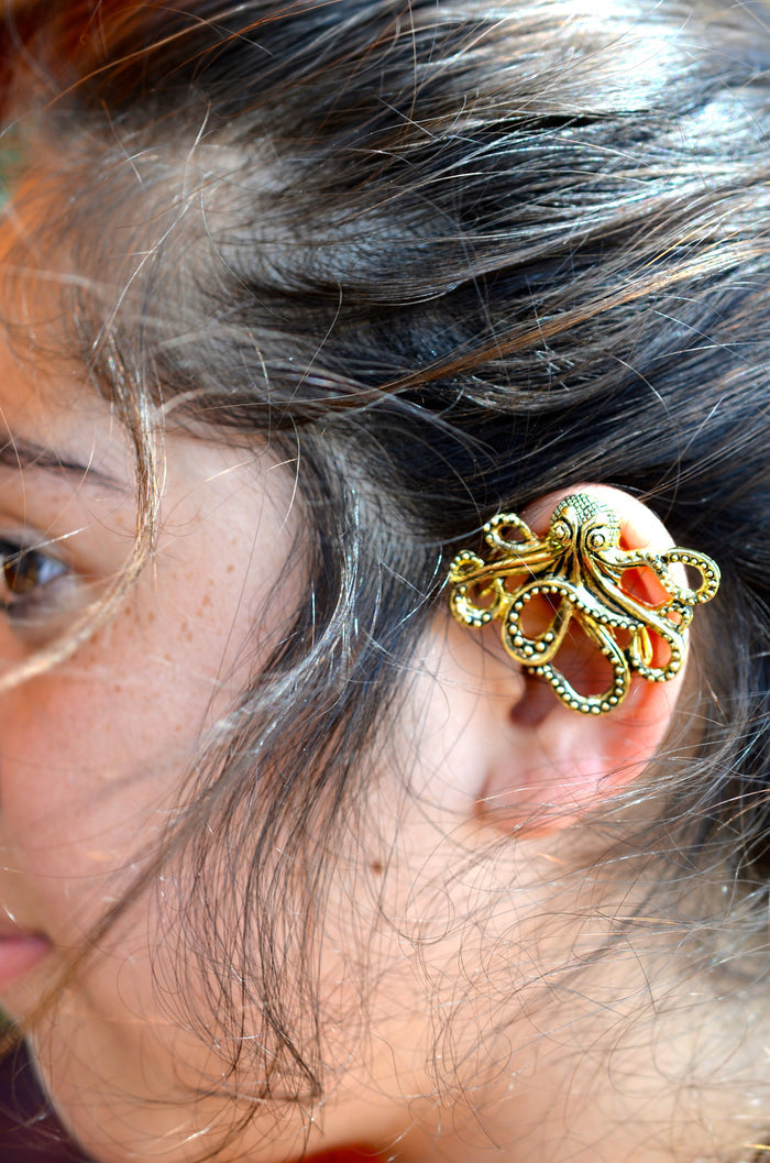 Model wearing Cthulhu Gold Elf Ear Cuffs - Lightweight No Piercing Fantasy Jewelry