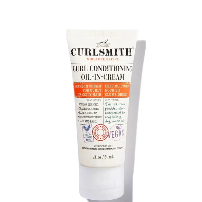 Curlsmith Curl Conditioning Oil-in-Cream travel size bottle, creamy hair styling product for nourishing and defining curls.