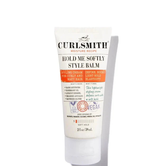 Curlsmith Hold Me Softly Style Balm for curly hair in a 59ml container, shown with its imperfect packaging.