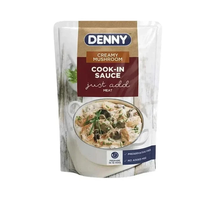 Denny Cook-in Sauce Creamy Mushroom 415g jar with mushrooms and creamy texture