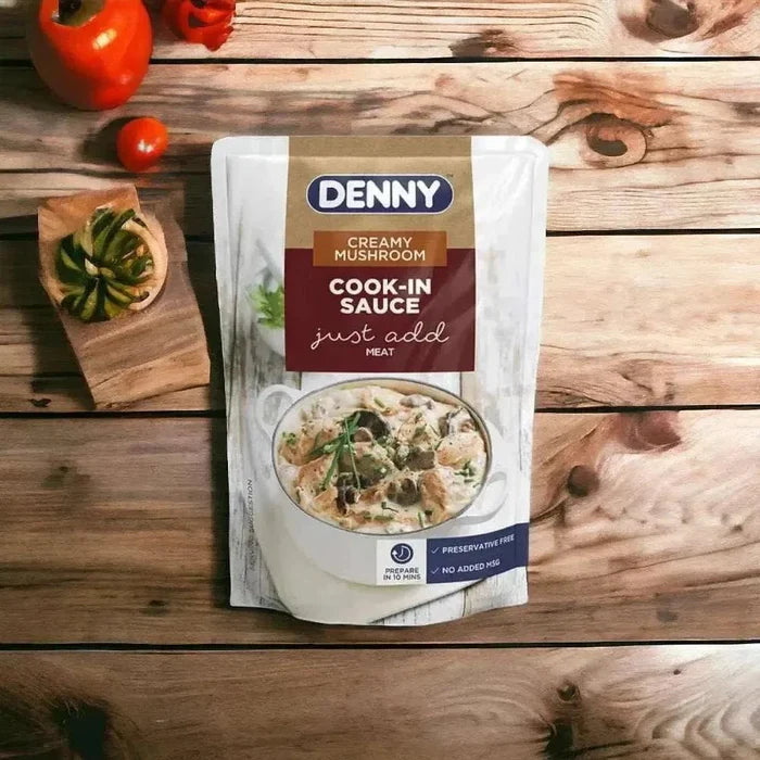 Denny Cook-in Sauce Creamy Mushroom 415g jar with creamy mushroom sauce label