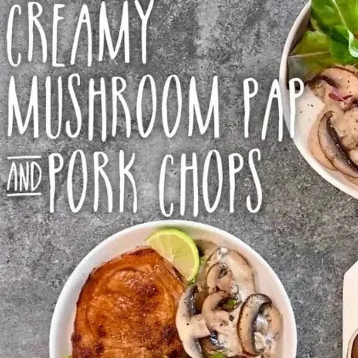 Denny Cook-in Sauce Creamy Mushroom 415g bottle with mushrooms and creamy sauce background