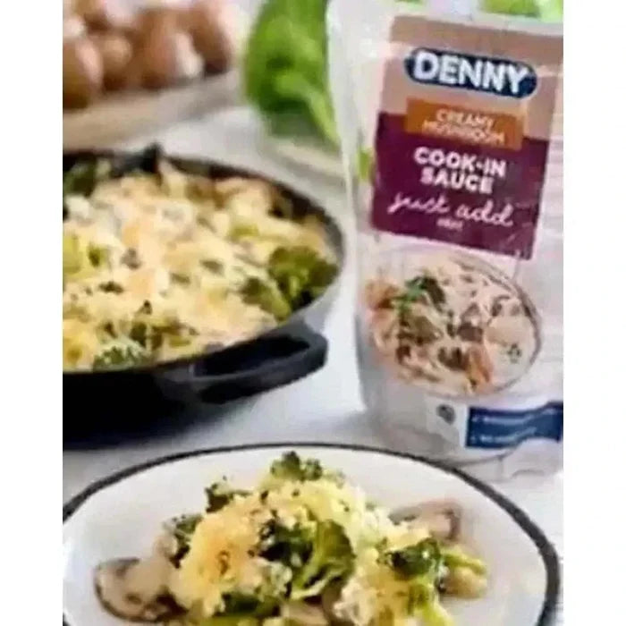 Denny Cook-in Sauce Creamy Mushroom 415g jar with mushroom garnish