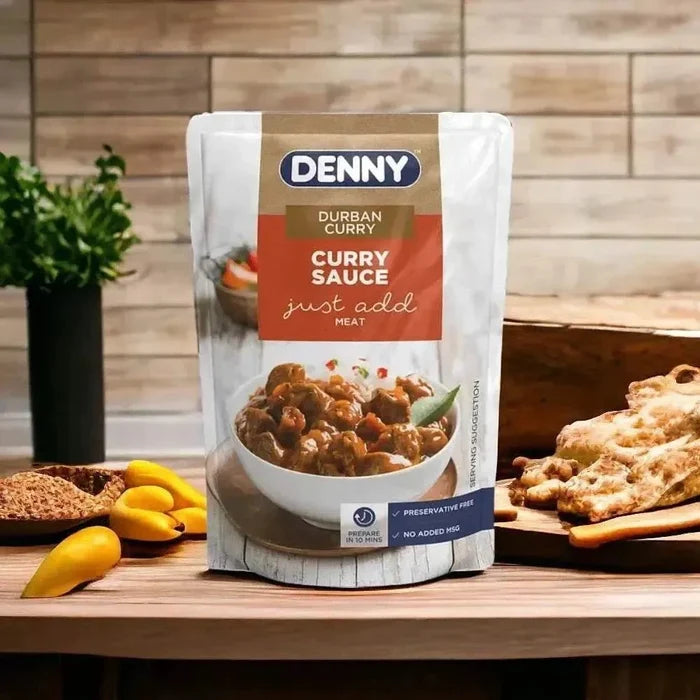 Denny Curry Sauce Durban Curry 415g jar with spices, tomatoes, onions, and garlic