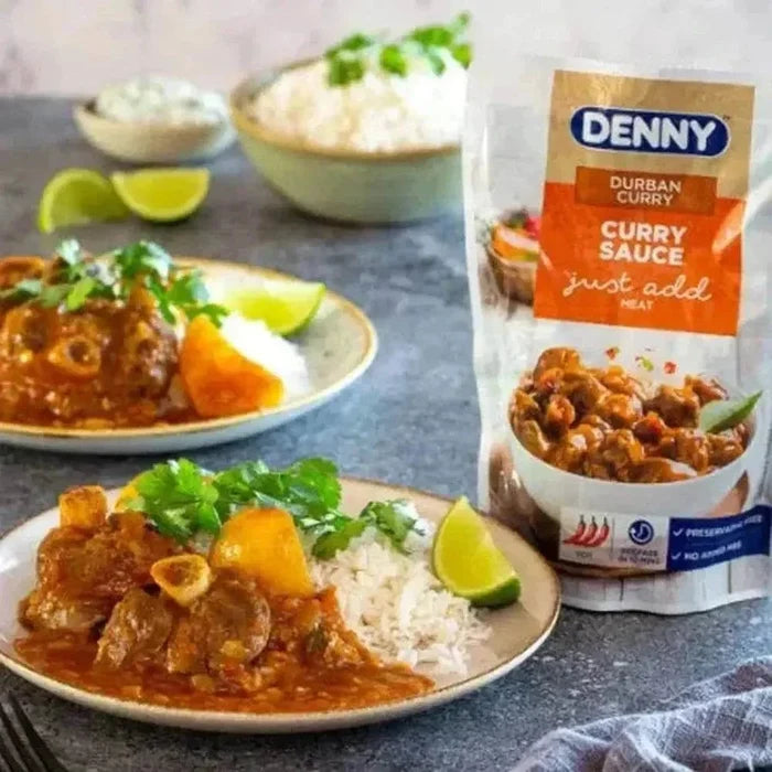 Denny Curry Sauce Durban Curry 415g jar with spices and tomatoes for authentic hot meal