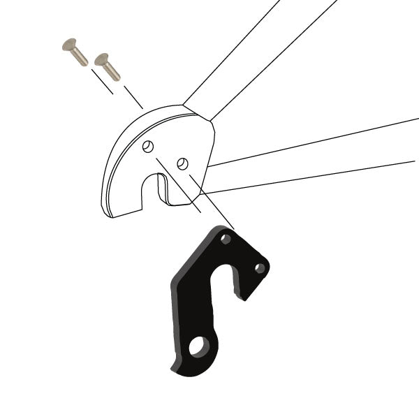 Hanger #75 attaches to the rear dropout from the outside or derailleur side using two M5x10 flat head screws.