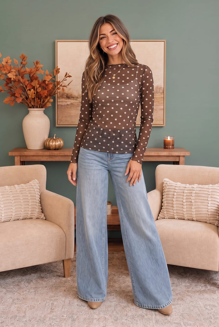 Dotted Dreams Sheer Mesh Mock Neck Top