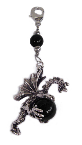 silver dragon charm holding black bead with lobster clasp