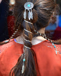 Complete Dreamcatcher hair accessory set with 6-inch silver spiral ponytail wrap and matching 4-inch Hair Twisters, featuring a dreamcatcher design, feather charms, and turquoise bead accents, worn by model from the back.