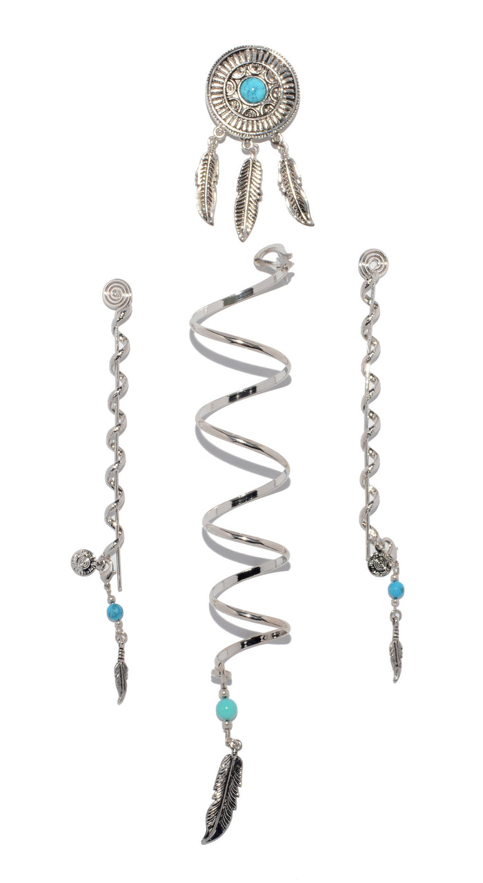 Silver dreamcatcher hair wrap set with turquoise accents and spiral coil