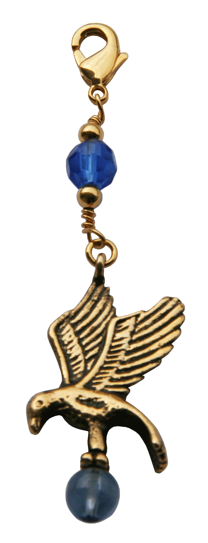 gold eagle charm with blue faceted bead and lobster clasp