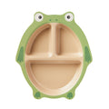 The Nuby Eco Rice Husk 3-Section Plate is a beige and green frog-shaped plate with eyes, arms, and legs. Made from sustainable, biodegradable materials, it's an adorable and eco-friendly tableware choice for kids.