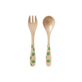 The Eco Rice Husk Spoon & Fork Set features green leaf patterns on the handles, placed side by side on a white background—an ideal biodegradable tableware choice.