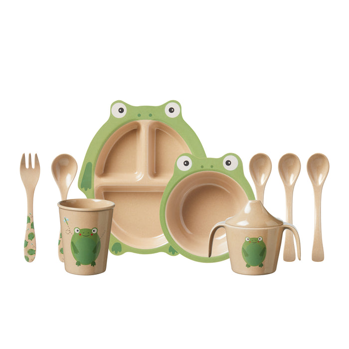 The Eco Rice Husk Spoon & Fork Set features eco-friendly beige and green utensils with cute frog illustrations, perfect for children. Includes a fork and spoon made from rice husk for a safe and fun mealtime experience.