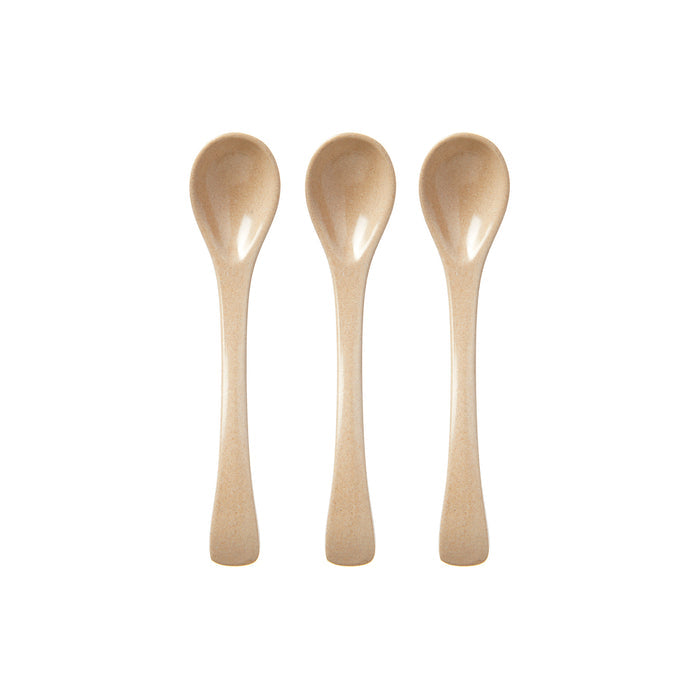 Three Nuby Eco Rice Husk Spoons (3 Pack), light brown and identical, are arranged side by side on a white background with their handles aligned and facing the same direction.