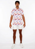 Ecru/Gold Blossoms 3D Print Cotton Jersey Knit Short Sleeve Shirt W/Contrast Stripe Placket St-9328