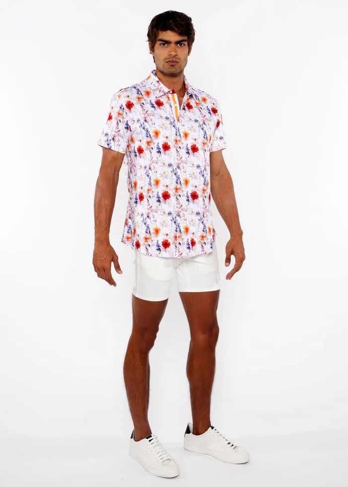 Ecru/Gold Blossoms 3D Print Cotton Jersey Knit Short Sleeve Shirt W/Contrast Stripe Placket St-9328